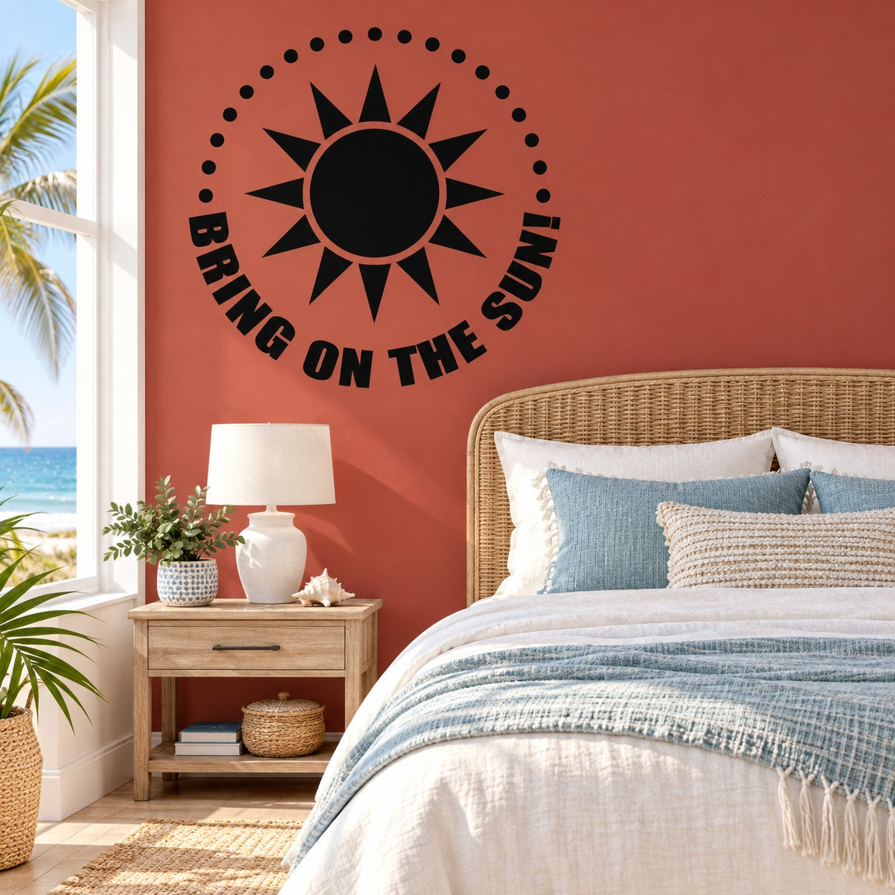 Circular sunburst wall decal with 'Bring on the Sun' lettering