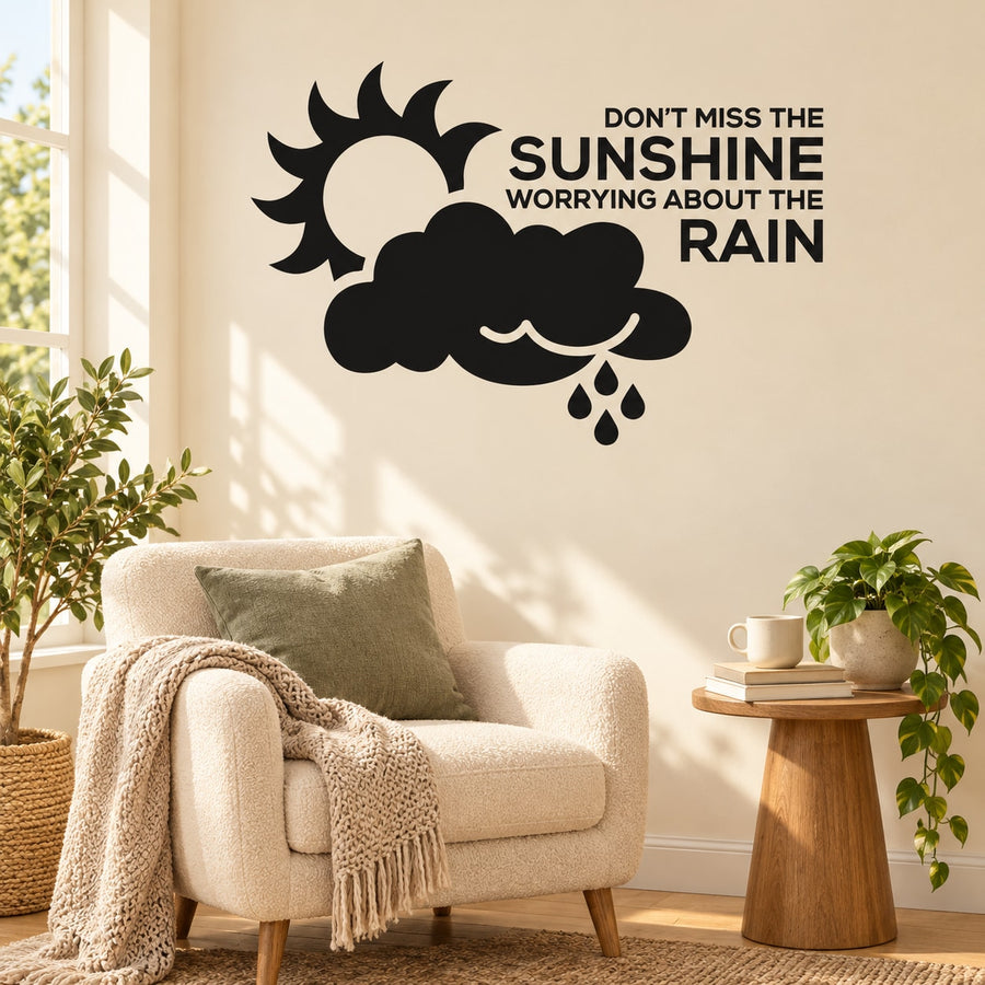 Black wall decal with sun, cloud and rain drops plus motivational text