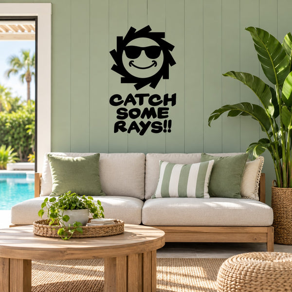 Wall decal with smiling sun in graduation cap and bold "Catch Some Rays!!" lettering, black