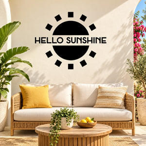 Black sunburst wall decal with dotted rays and 'HELLO SUNSHINE' text