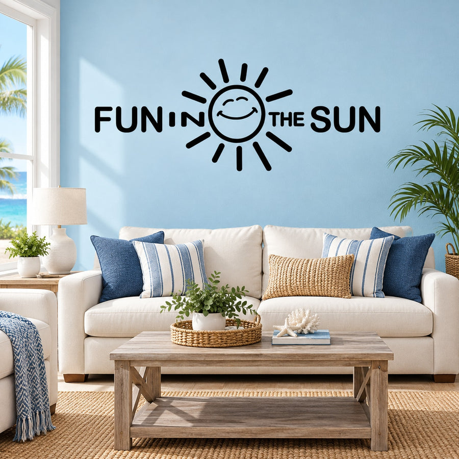 Sun-themed wall decal: FUN IN THE SUN with smiling sun icon