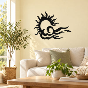 Black sun and cloud wall vinyl decal, swirling rays design