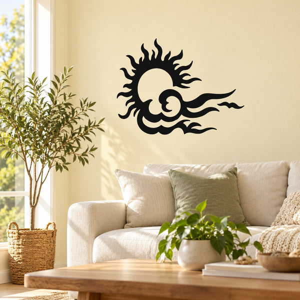 Black sun and cloud wall vinyl decal, swirling rays design