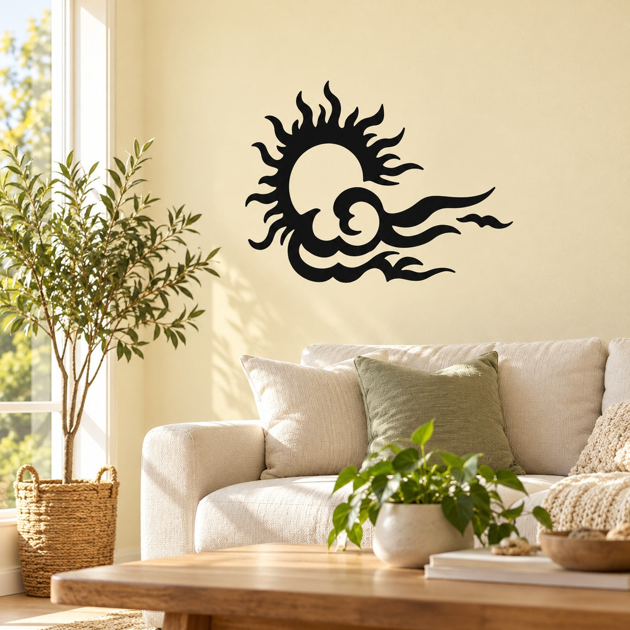 Black sun and cloud wall vinyl decal, swirling rays design