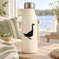 White bottle with black standing duck watching decal