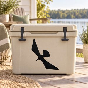 Flying swan decal with wide wings in black on light cooler lid