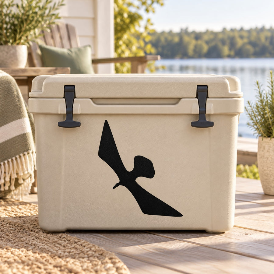 Flying swan decal with wide wings in black on light cooler lid