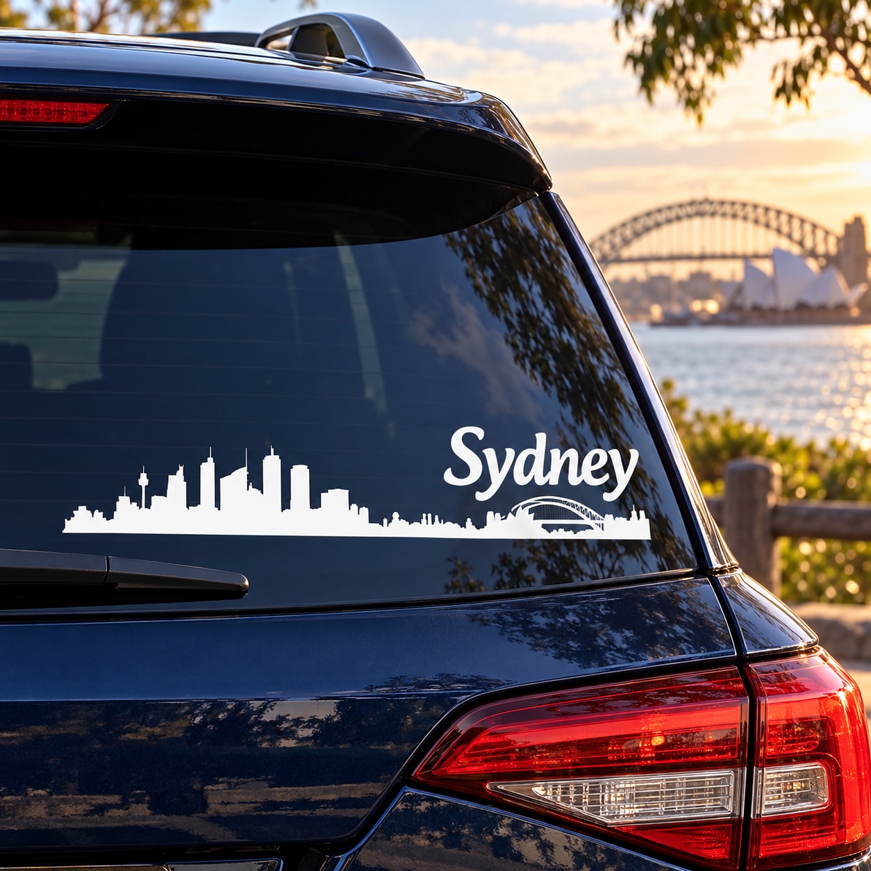 Car rear window decal with Sydney skyline and Sydney word text