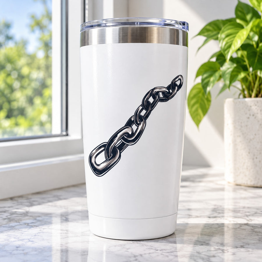 White tumbler with black chain link sticker decal