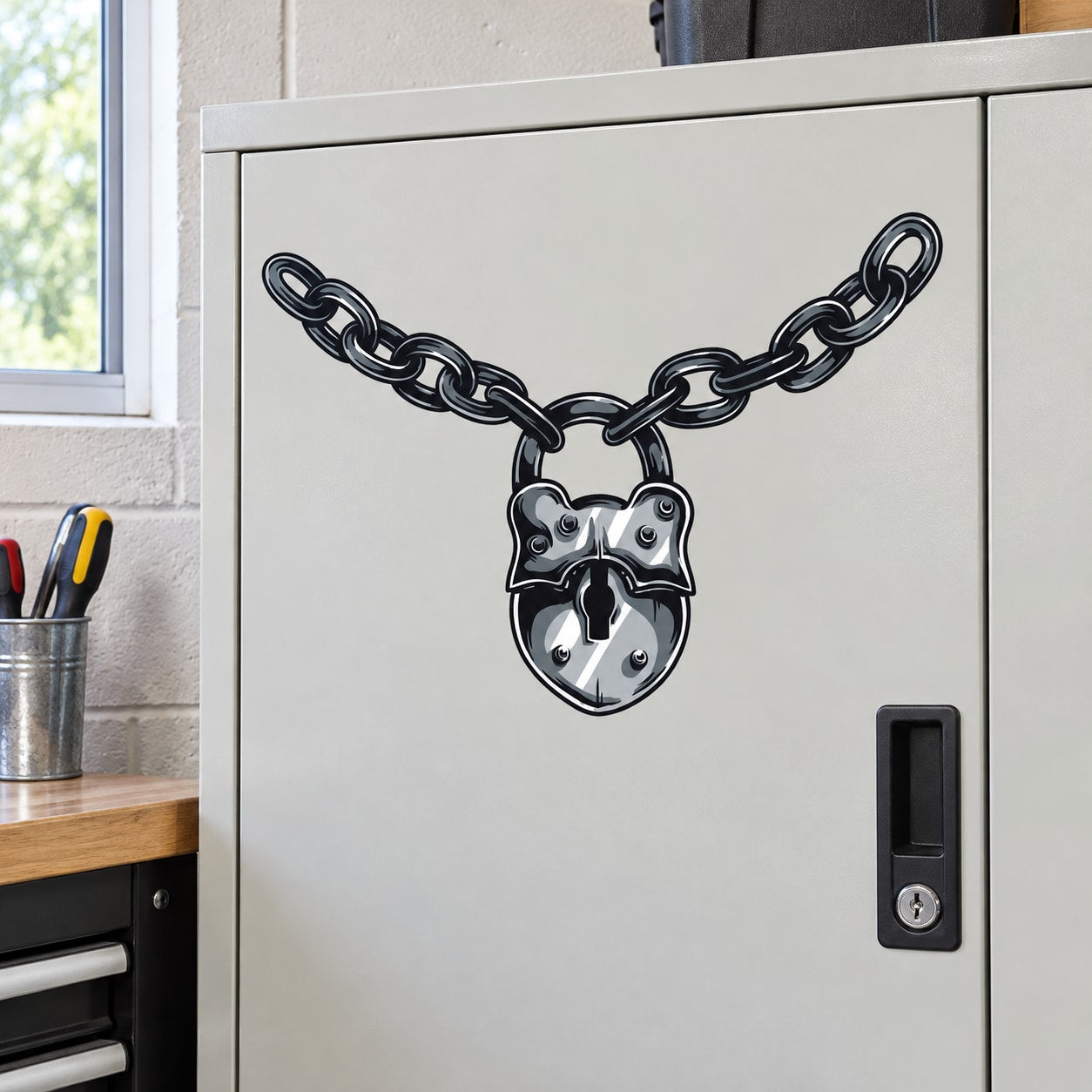 Chain and lock wall sticker with metal-style heart lock and linked chain, black and gray