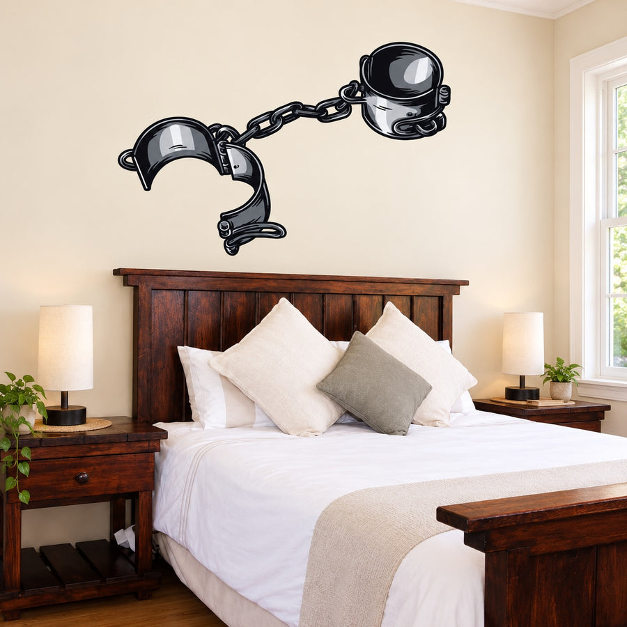 Shackles and chain wall sticker with dark metal cuffs and linked chain