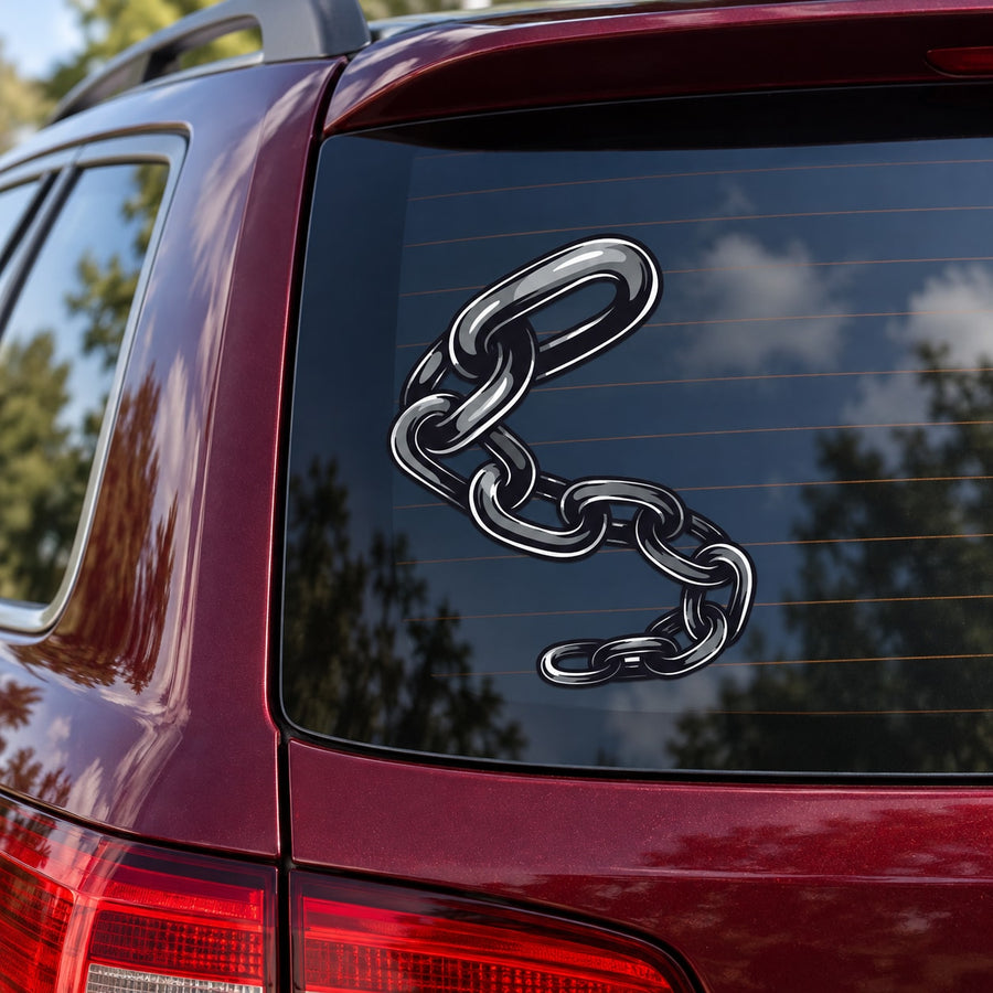 Metal chain-shaped sticker with linked links on a car window