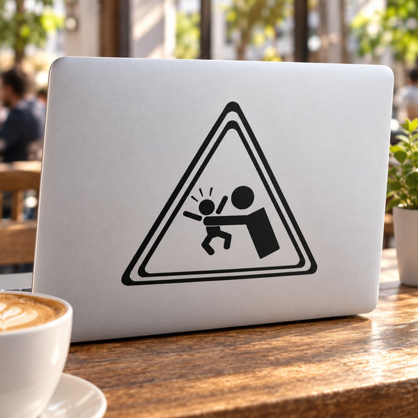 Laptop vinyl decal sticker with black warning triangle and baby icon