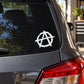 White anarchist symbol vinyl decal on car window