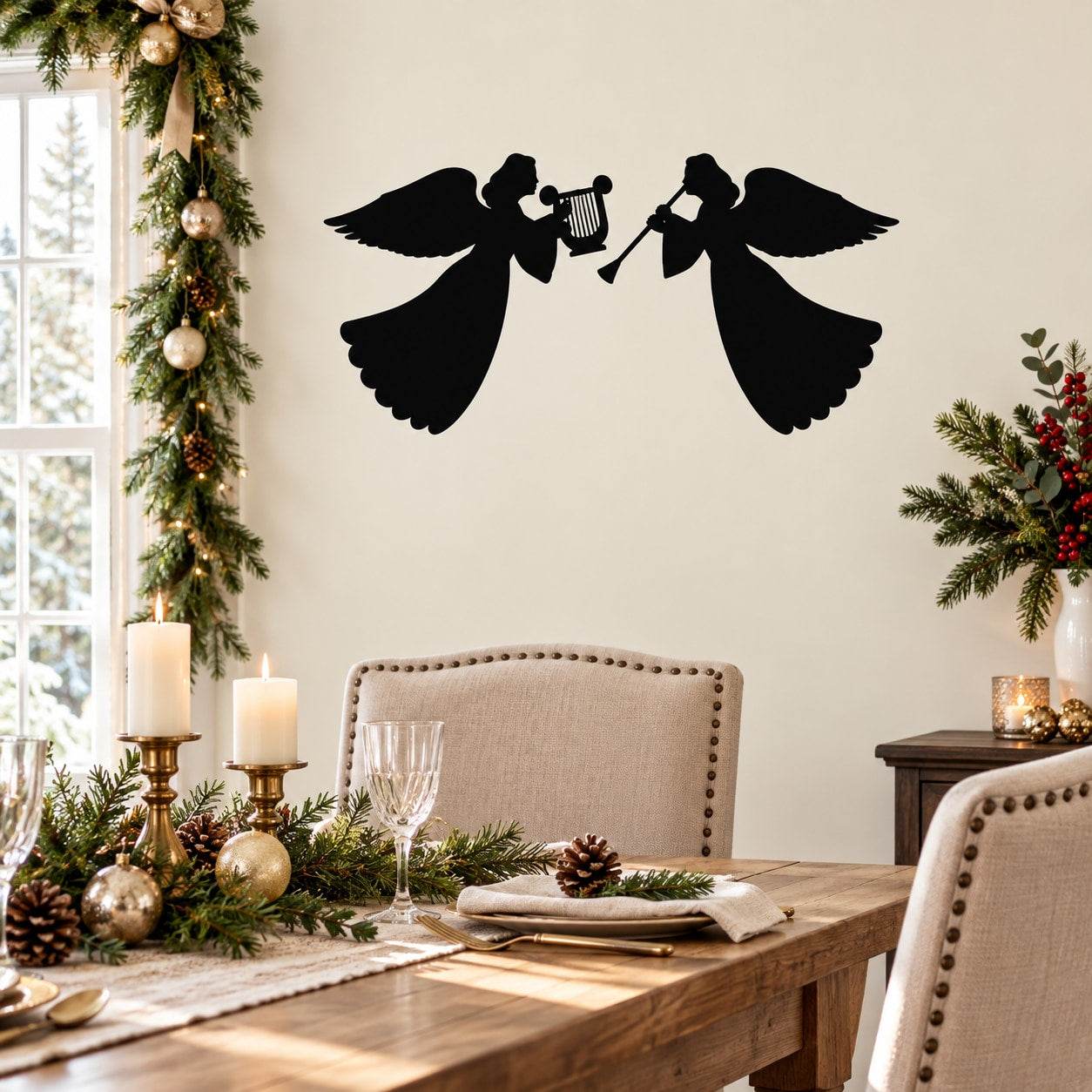 Angel playing music wall decal with two black silhouette angels holding instruments