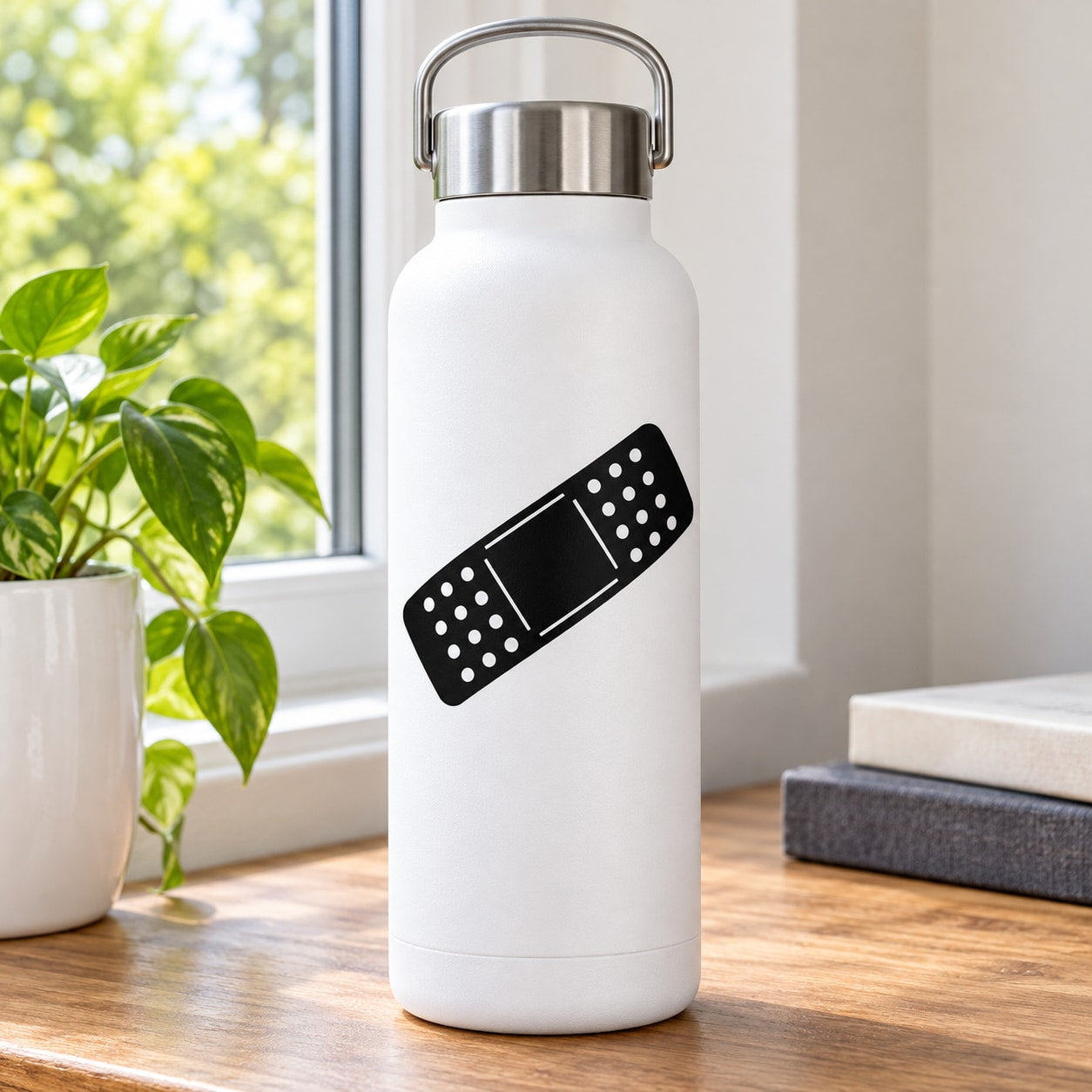 Black bandage-style decal with large-hole dotted pattern on a white bottle