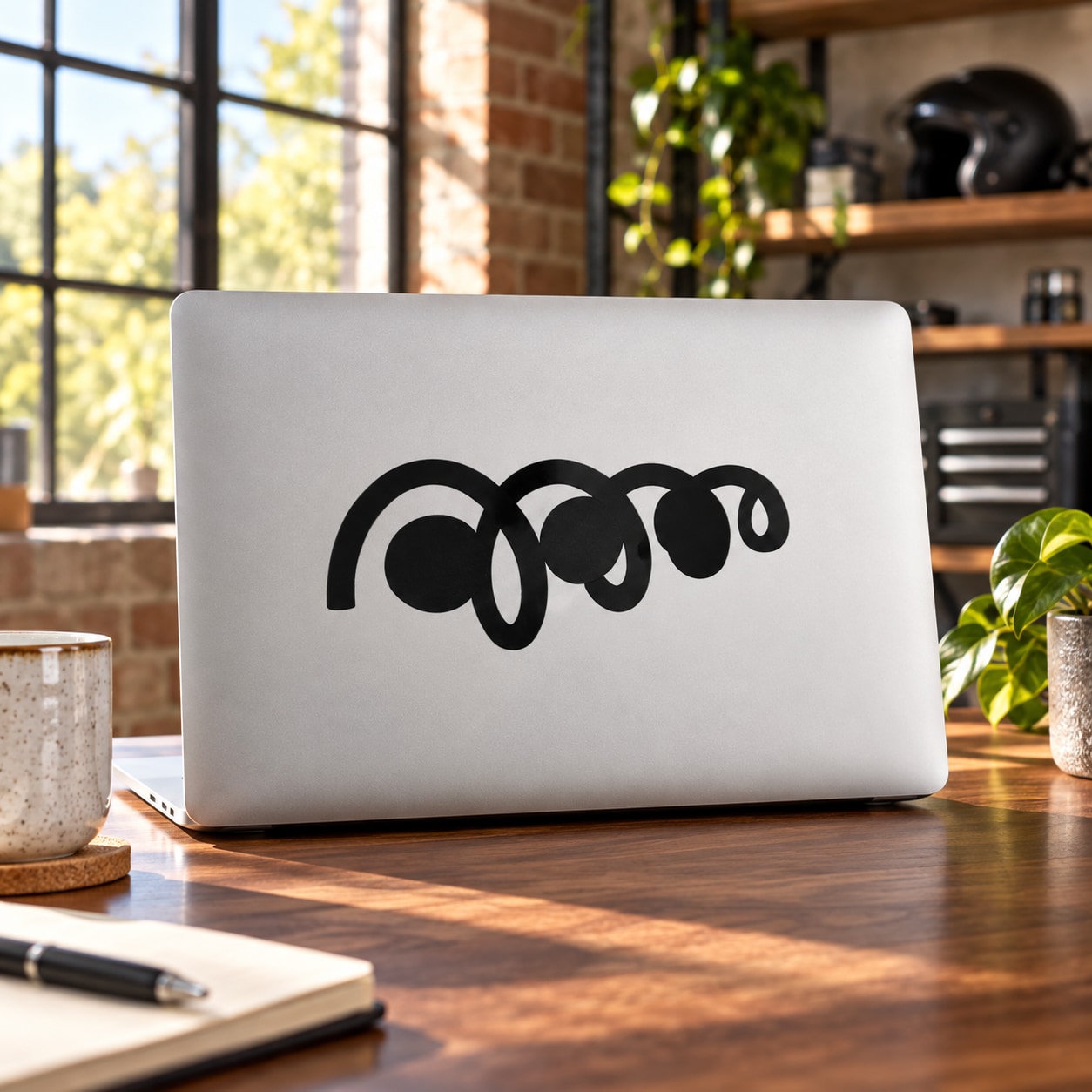 Black vinyl symbol wall decal with interlocking swirl design