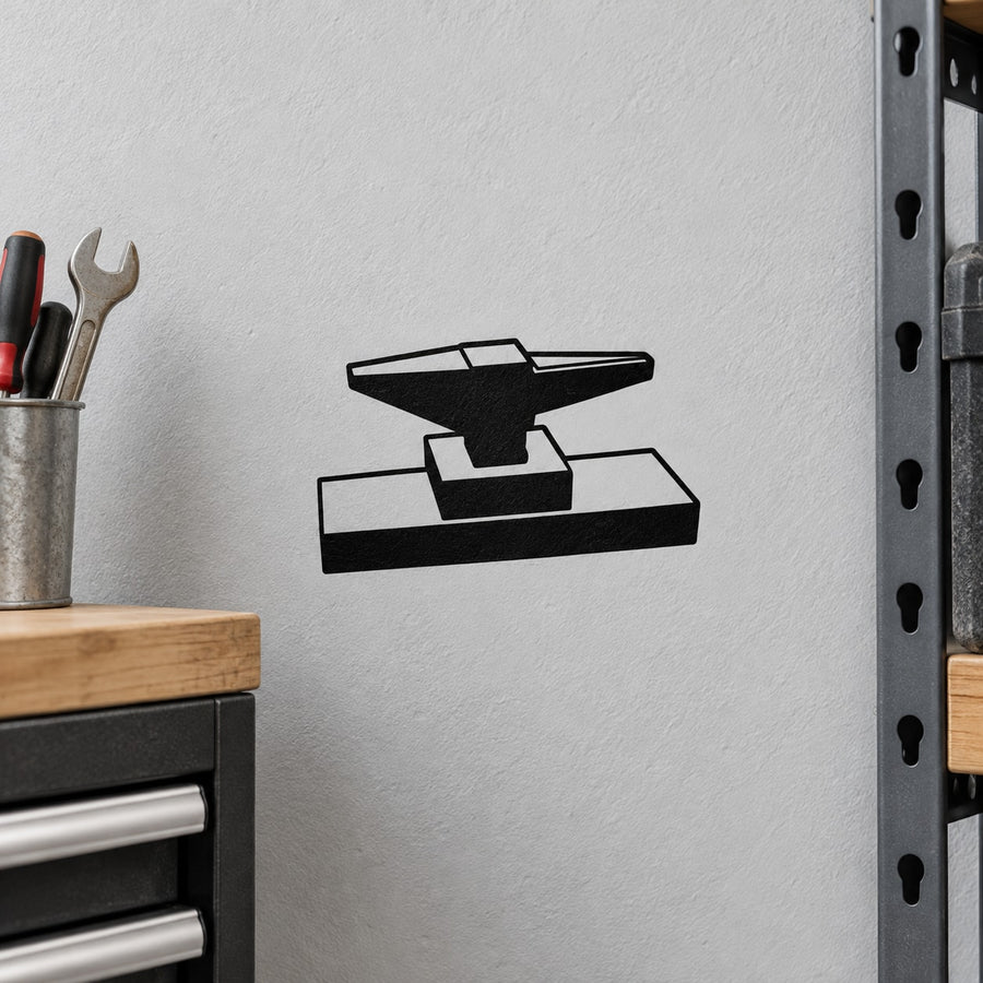 Anvil tilted left decal with black outlined anvil icon and solid base shape