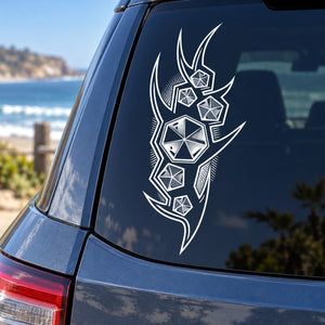 Tattoo-style vinyl car decal with white geometric emblem on a dark car window