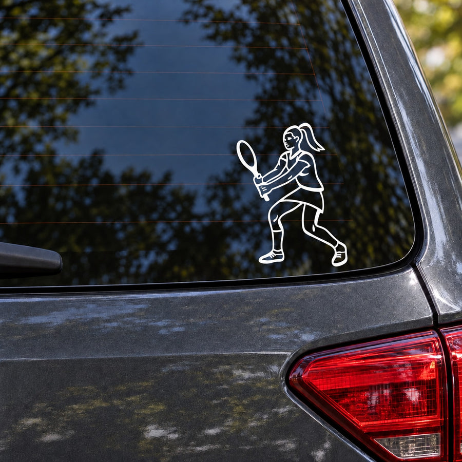 Tennis player vinyl decal outline on car rear side window