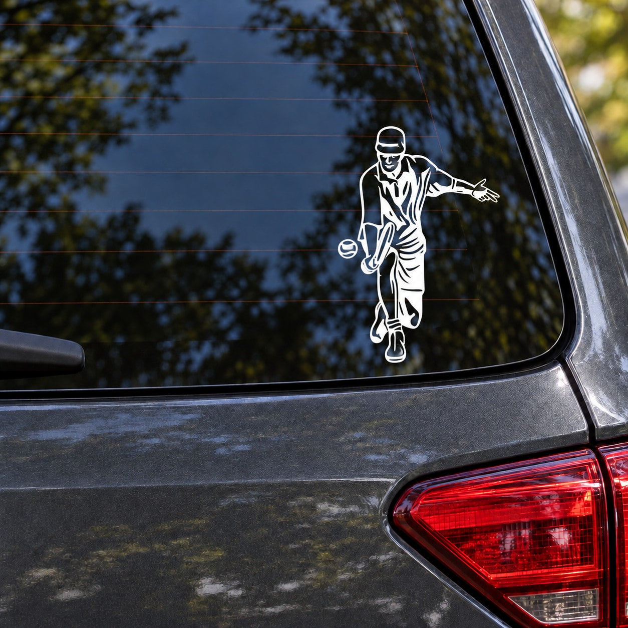 White tennis player vinyl decal with racket, outlined design