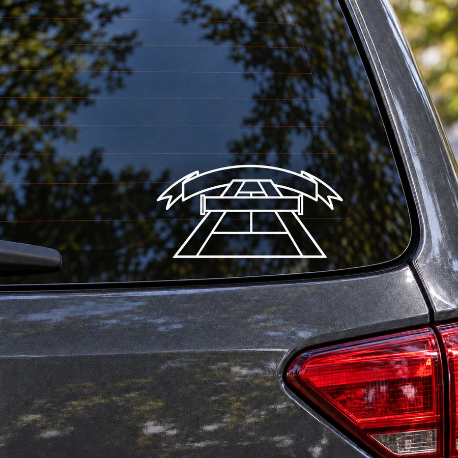 White tennis court decal with net lines on car window