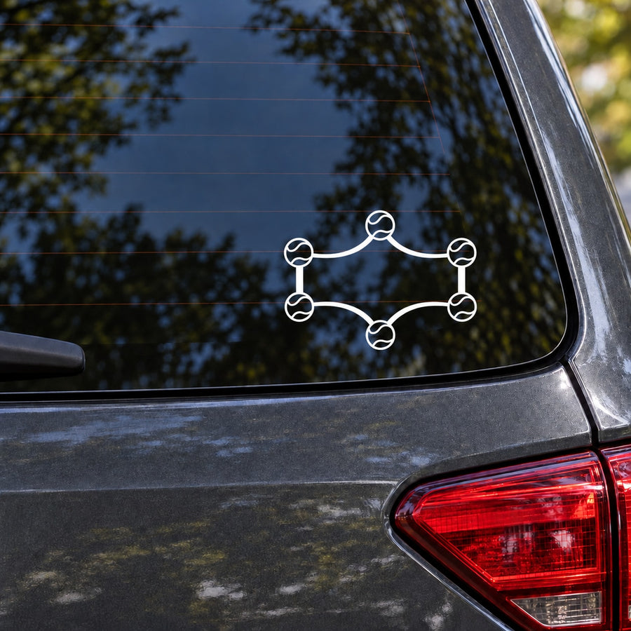 Tennis-themed vinyl decal with connected tennis ball line icons on car window