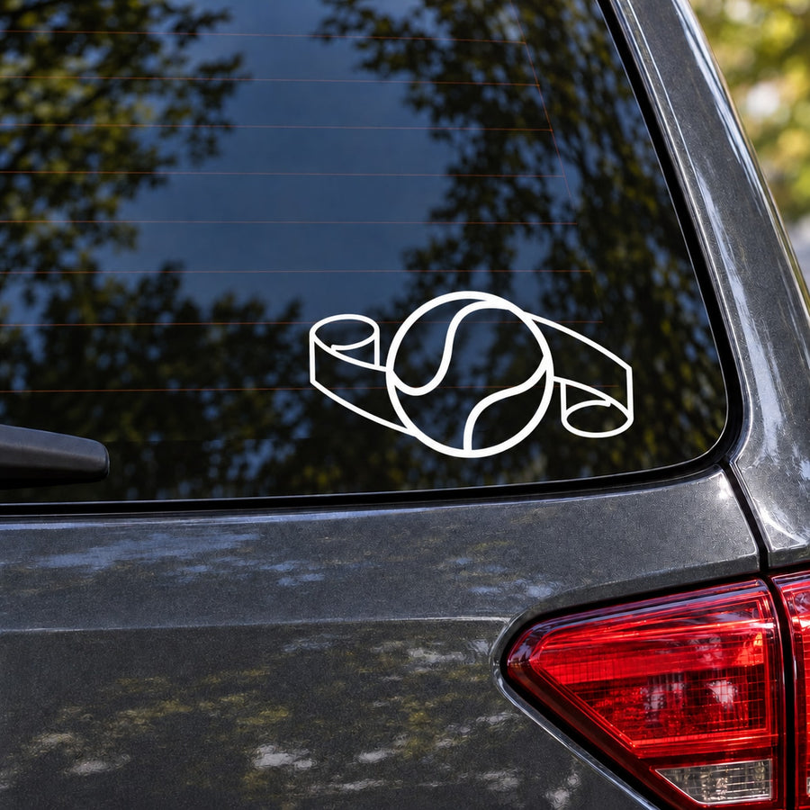 White tennis racket and ball vinyl decal on car window