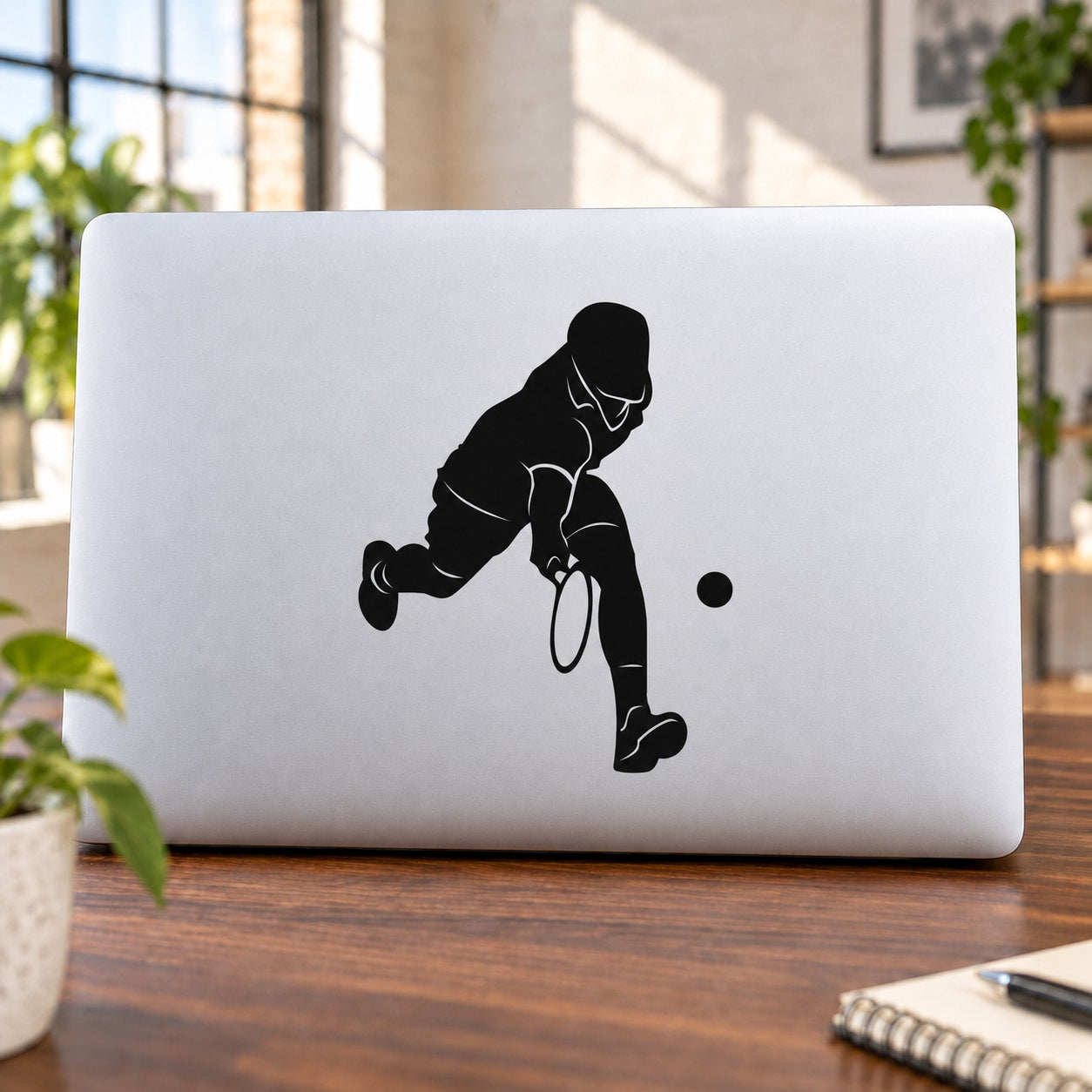 Black tennis player vinyl decal silhouette holding a racket