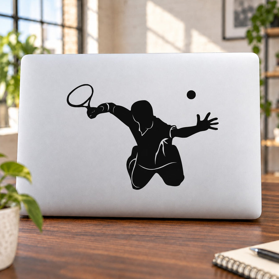 Tennis player vinyl wall decal with black silhouette tennis swing pose