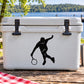 Tennis player vinyl decal, black silhouette holding racket and ball.