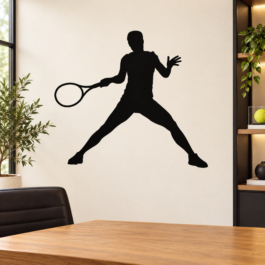 Tennis wall decal featuring a black silhouette tennis player holding a racket