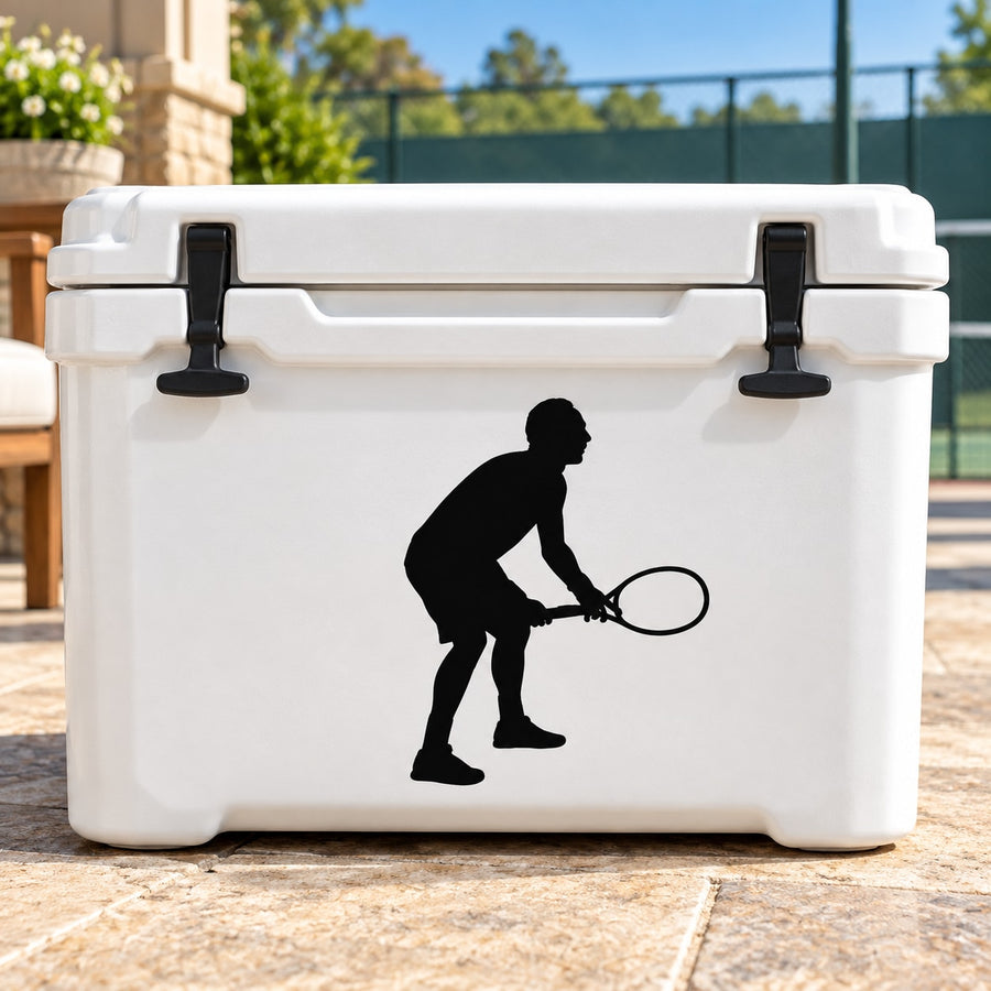 Tennis wall decal vinyl with black tennis player silhouette holding a racket