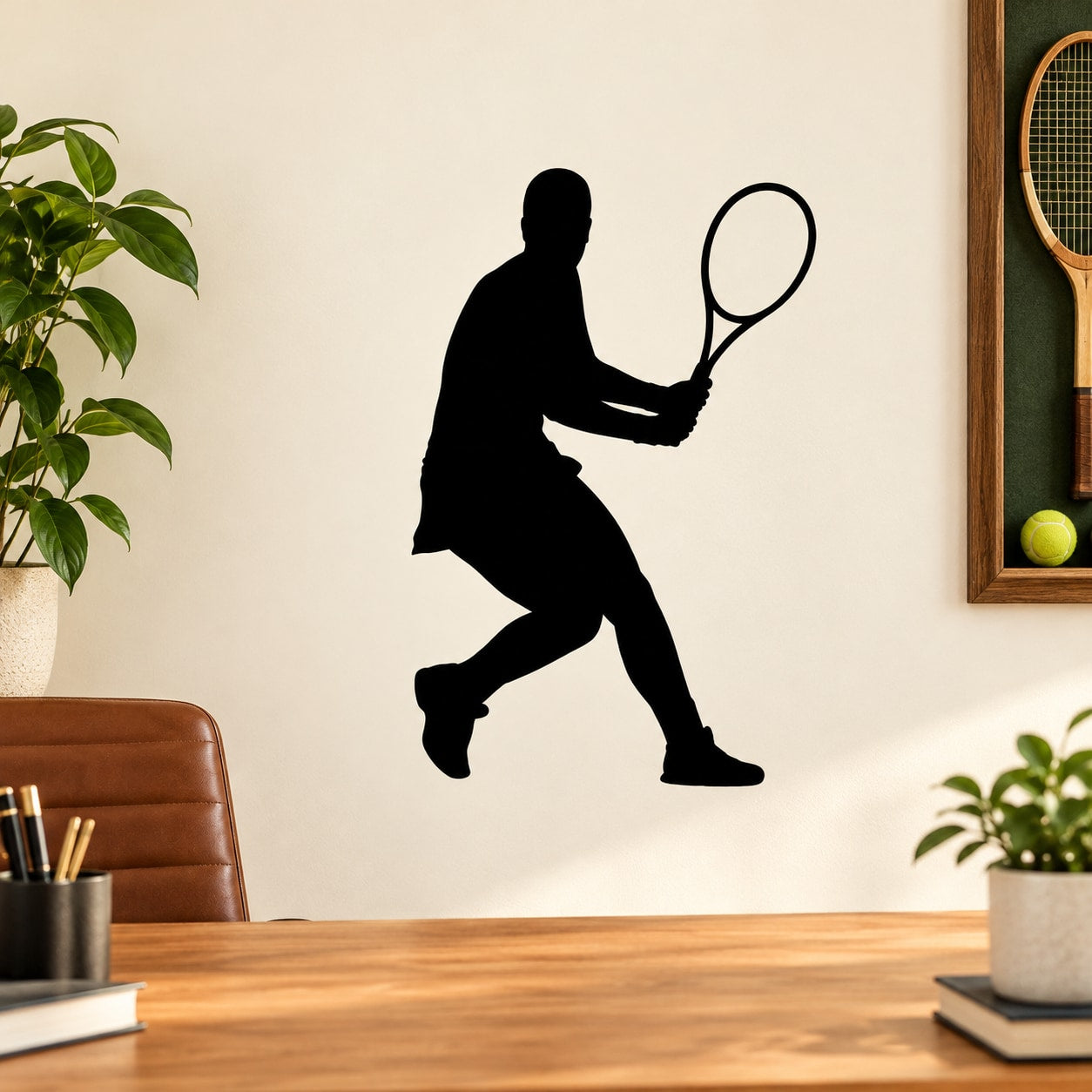 Black tennis player wall decal silhouette holding a racket