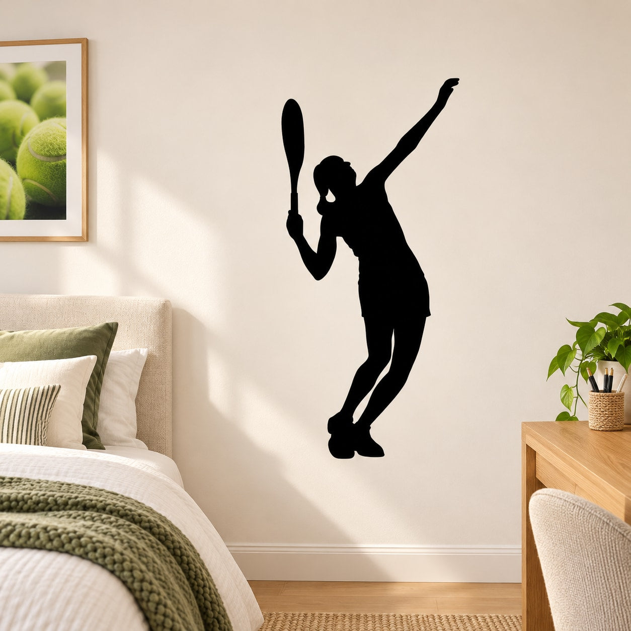 Tennis player silhouette wall vinyl decal, black.