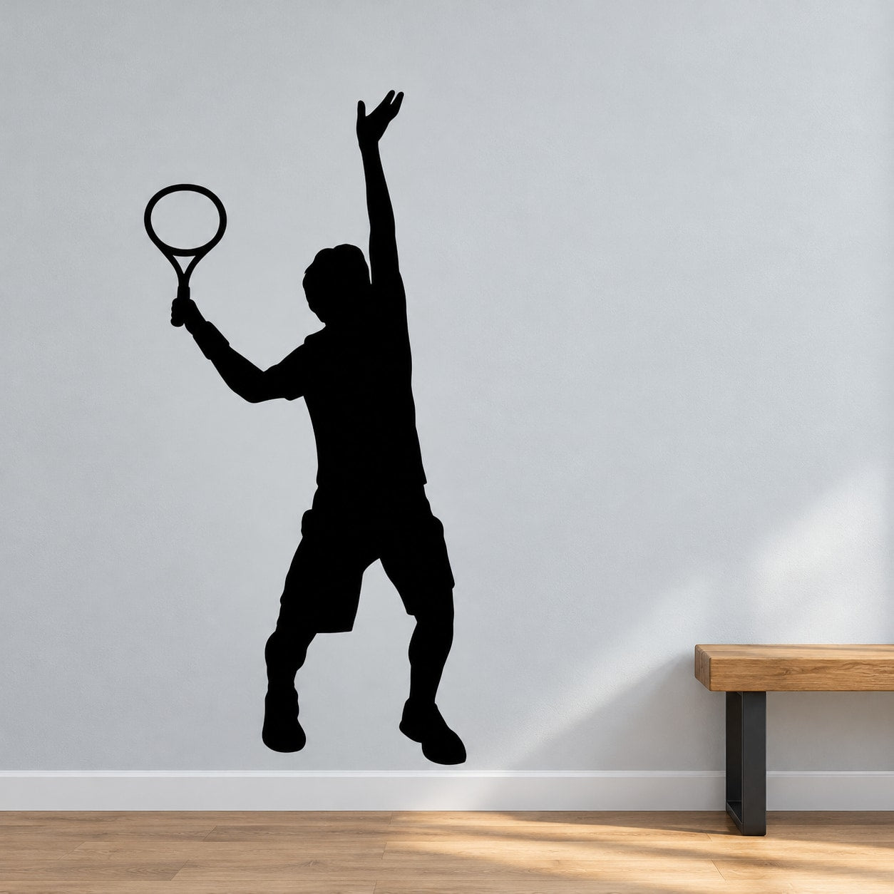 Black tennis player wall vinyl decal, holding tennis racket up in silhouette