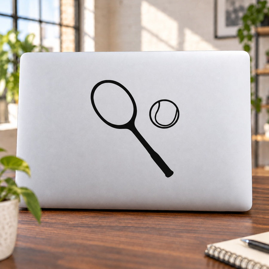 Tennis Racket with Tennis Ball Wall Decal - Vinyl Decal - Car Decal - Vd021 — illustrative vinyl decal application mockup. Surrounding objects are not included.