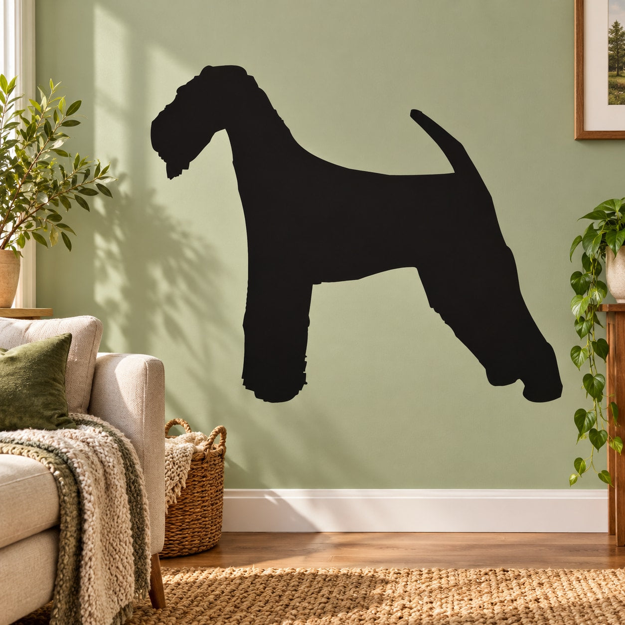 Black Airedale terrier wall decal silhouette, standing dog shape