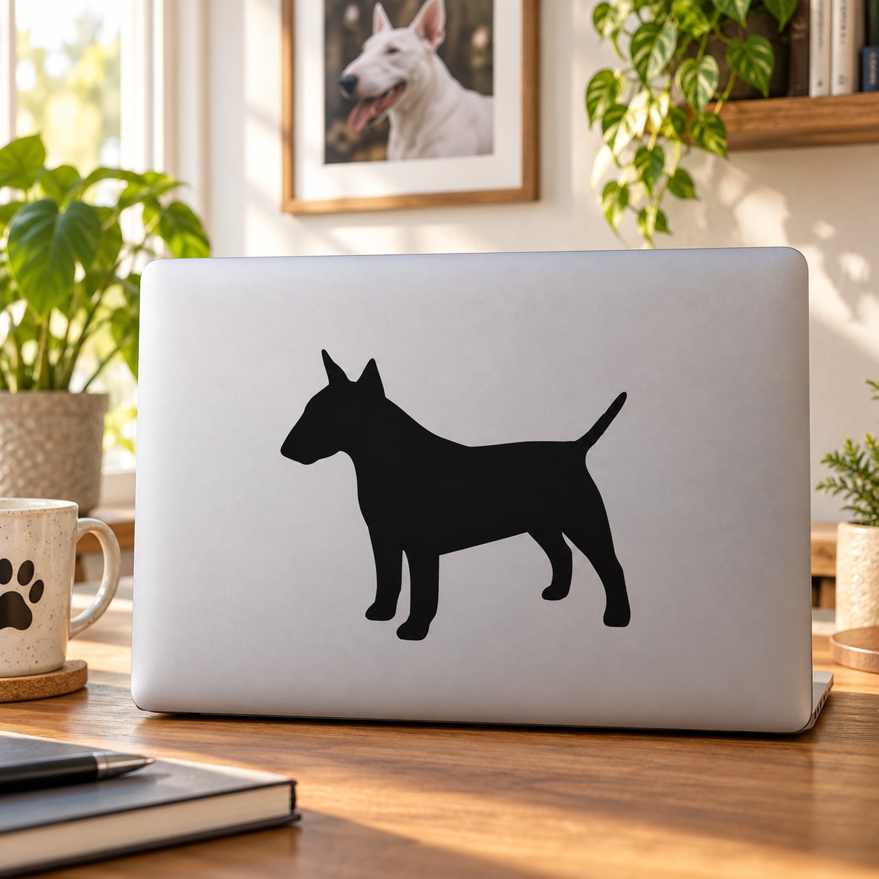 Black bull terrier silhouette decal on laptop lid