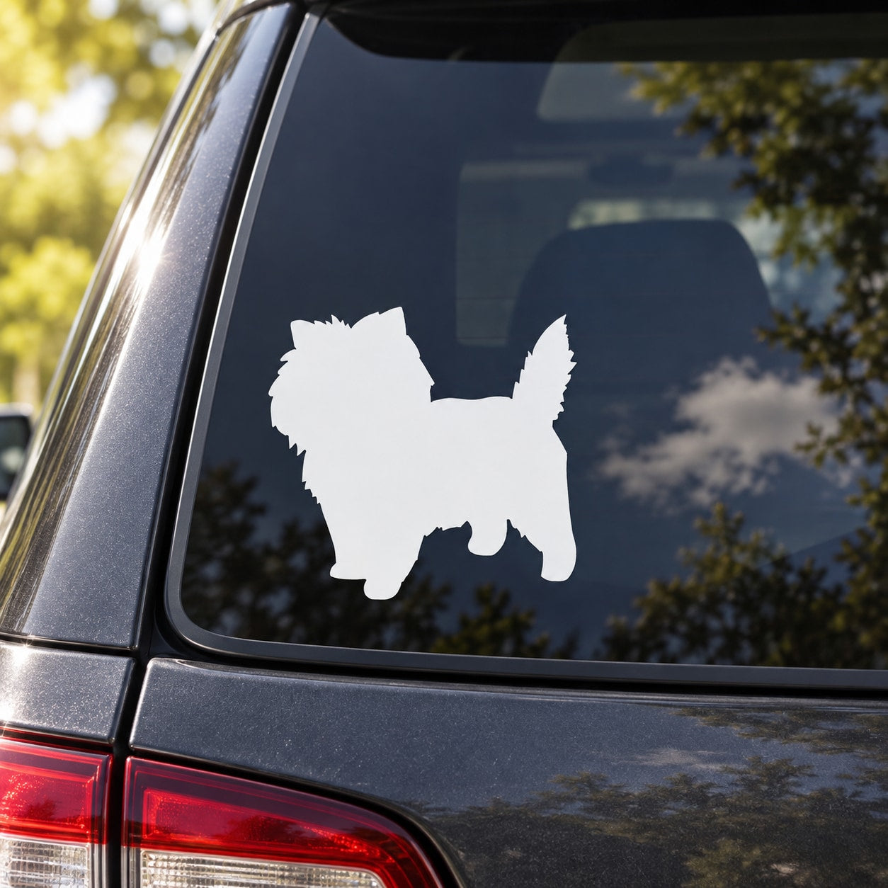 Cairn terrier decal, white excited dog silhouette on car window