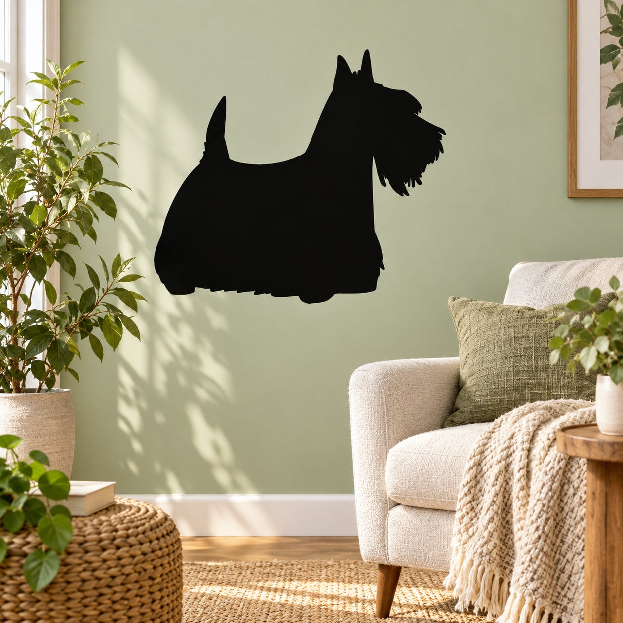 Groomed Scottish terrier dog silhouette wall decal, black cutout shape