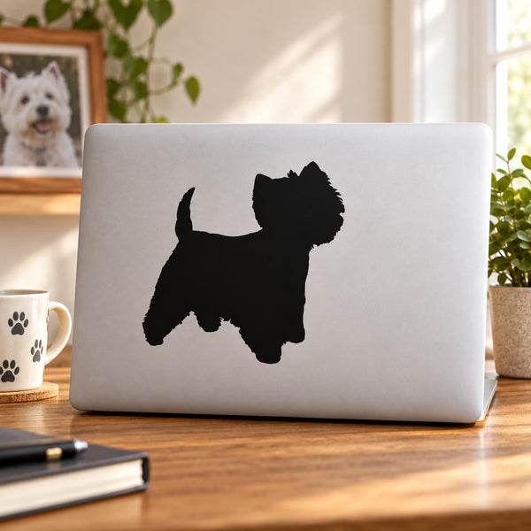 West Highland White Terrier vinyl decal silhouette, black dog shape on light surface