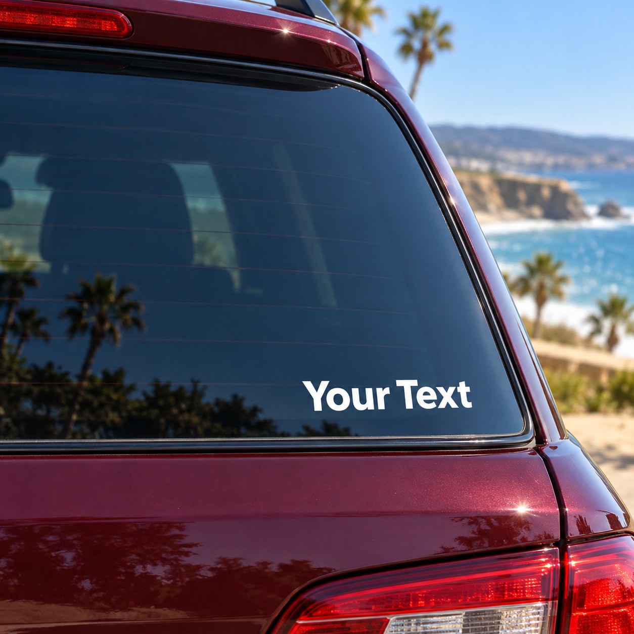 Custom vinyl text decal, white lettering on car window