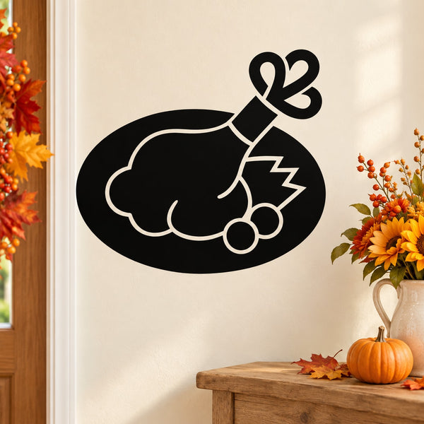 Thanksgiving turkey leg wall decal with black oval plate and white outline