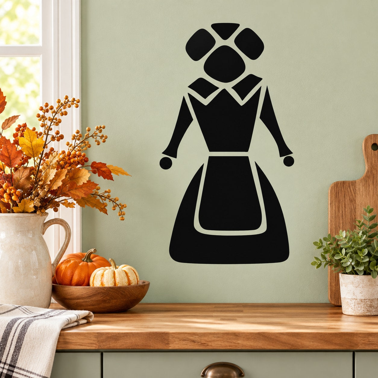 Thanksgiving pilgrim woman wall decal, black silhouette with hat and dress