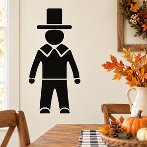 Simplified pilgrim man silhouette decal, black figure with hat and belt, flat design
