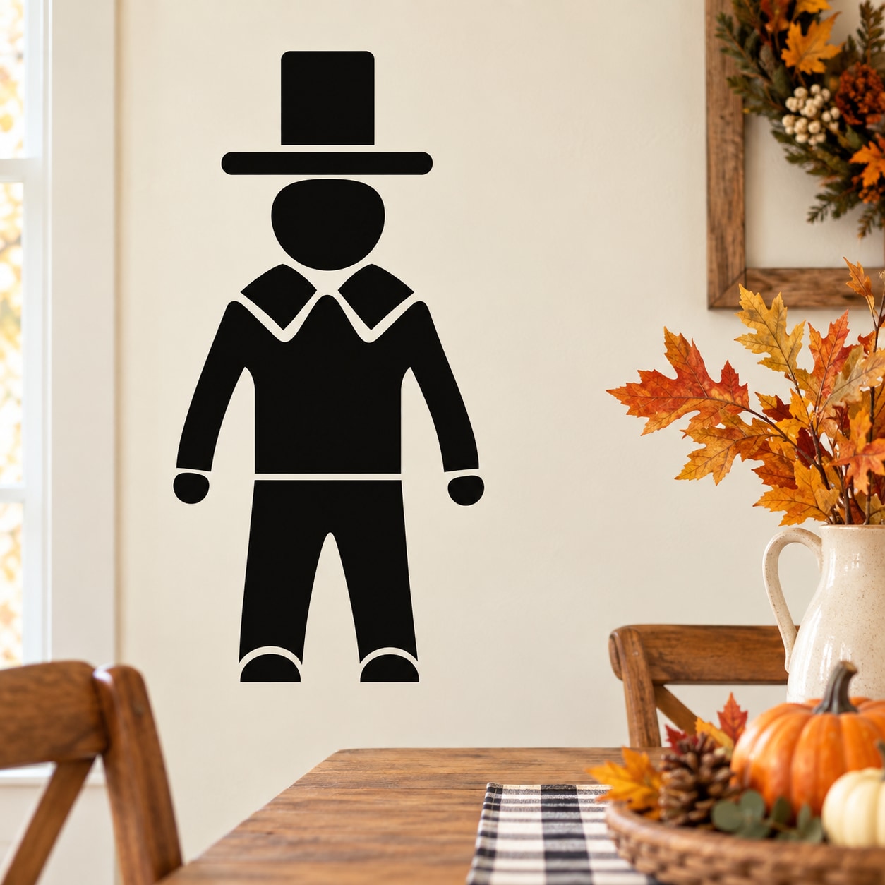 Simplified pilgrim man silhouette decal, black figure with hat and belt, flat design