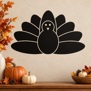 Black sitting turkey wall decal silhouette with feathered tail and white outline