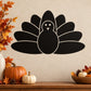 Black sitting turkey wall decal silhouette with feathered tail and white outline