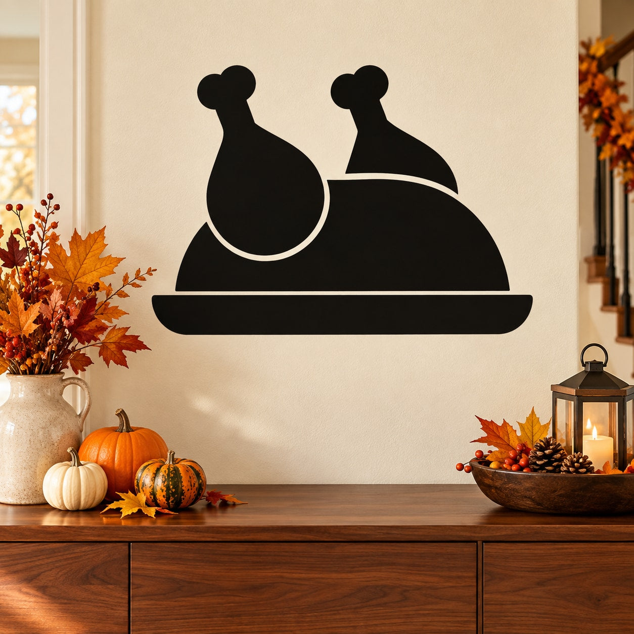 Thanksgiving roasted turkey decal with black silhouette of carved turkey on tray